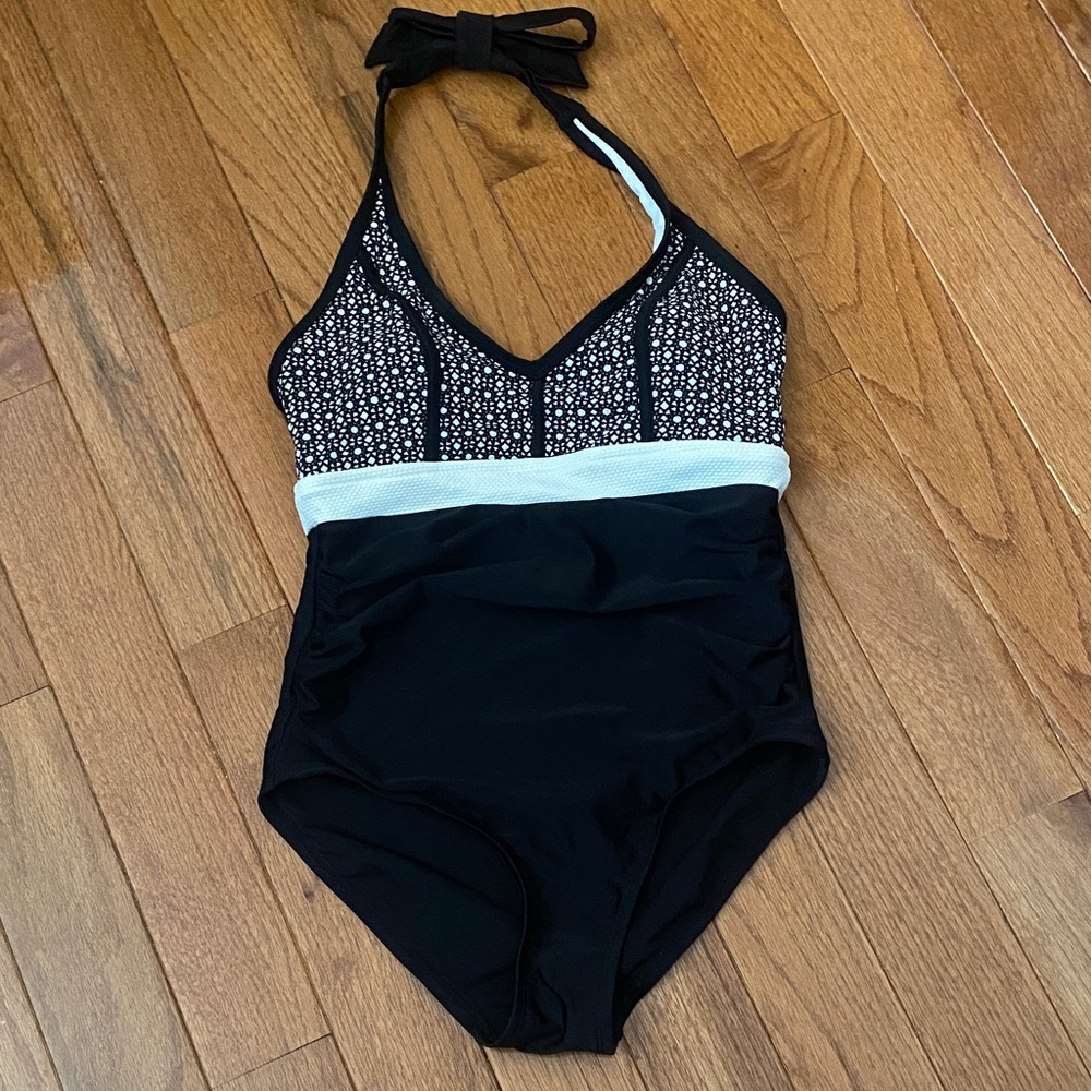 Merona Black White Halter One Piece Swimsuit Size M Tummy Control Padded Cups
